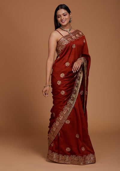 Maroon Zariwork Raw Silk Saree - Koskii