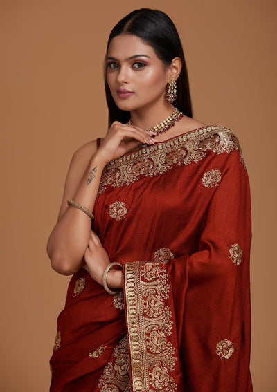 Maroon Zariwork Raw Silk Saree - Koskii