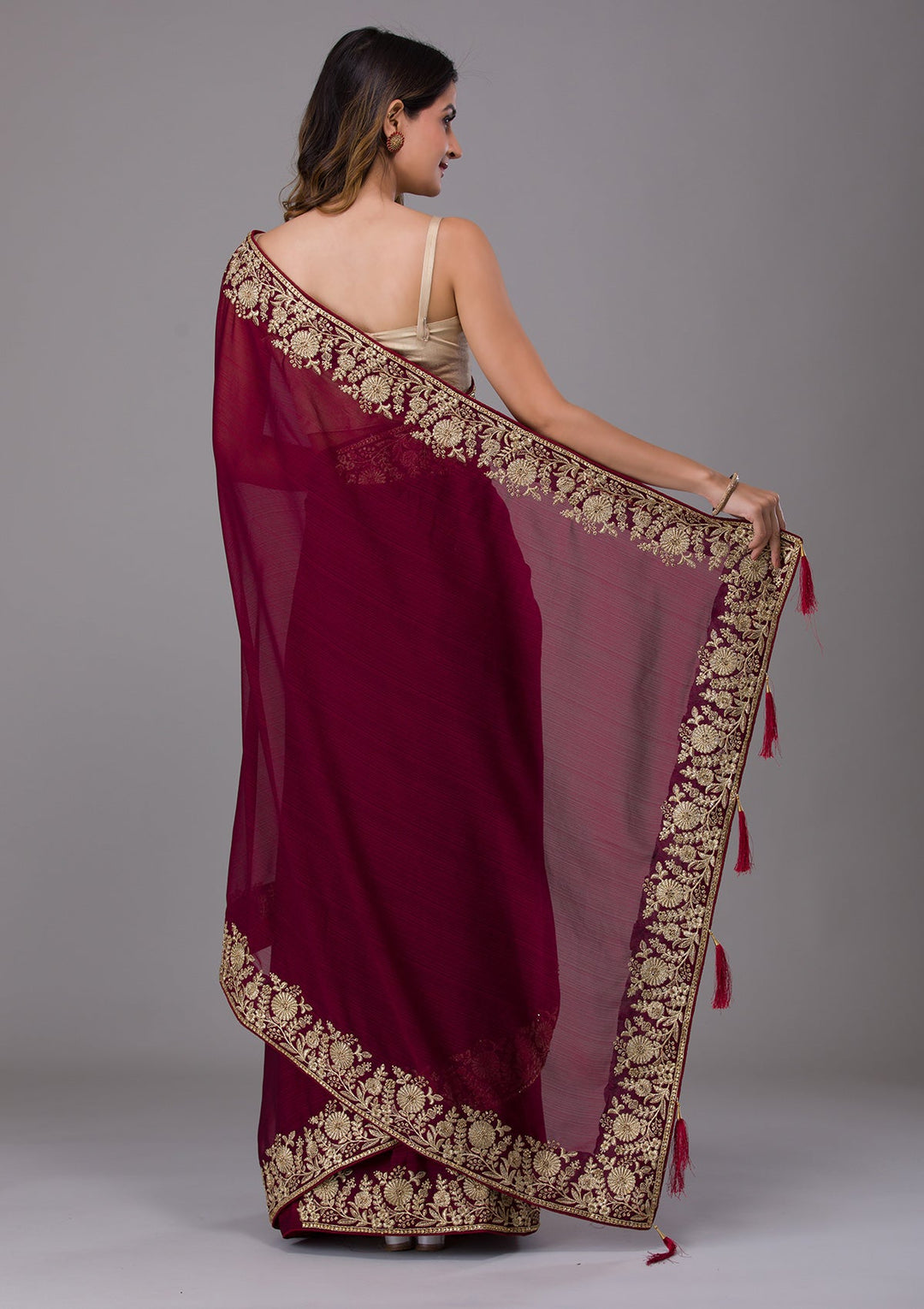 Maroon Zariwork Raw Silk Saree-Koskii