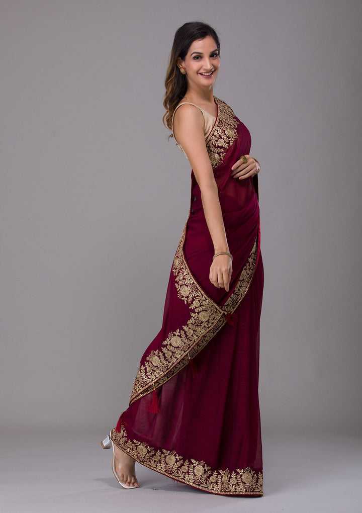 Maroon Zariwork Raw Silk Saree-Koskii