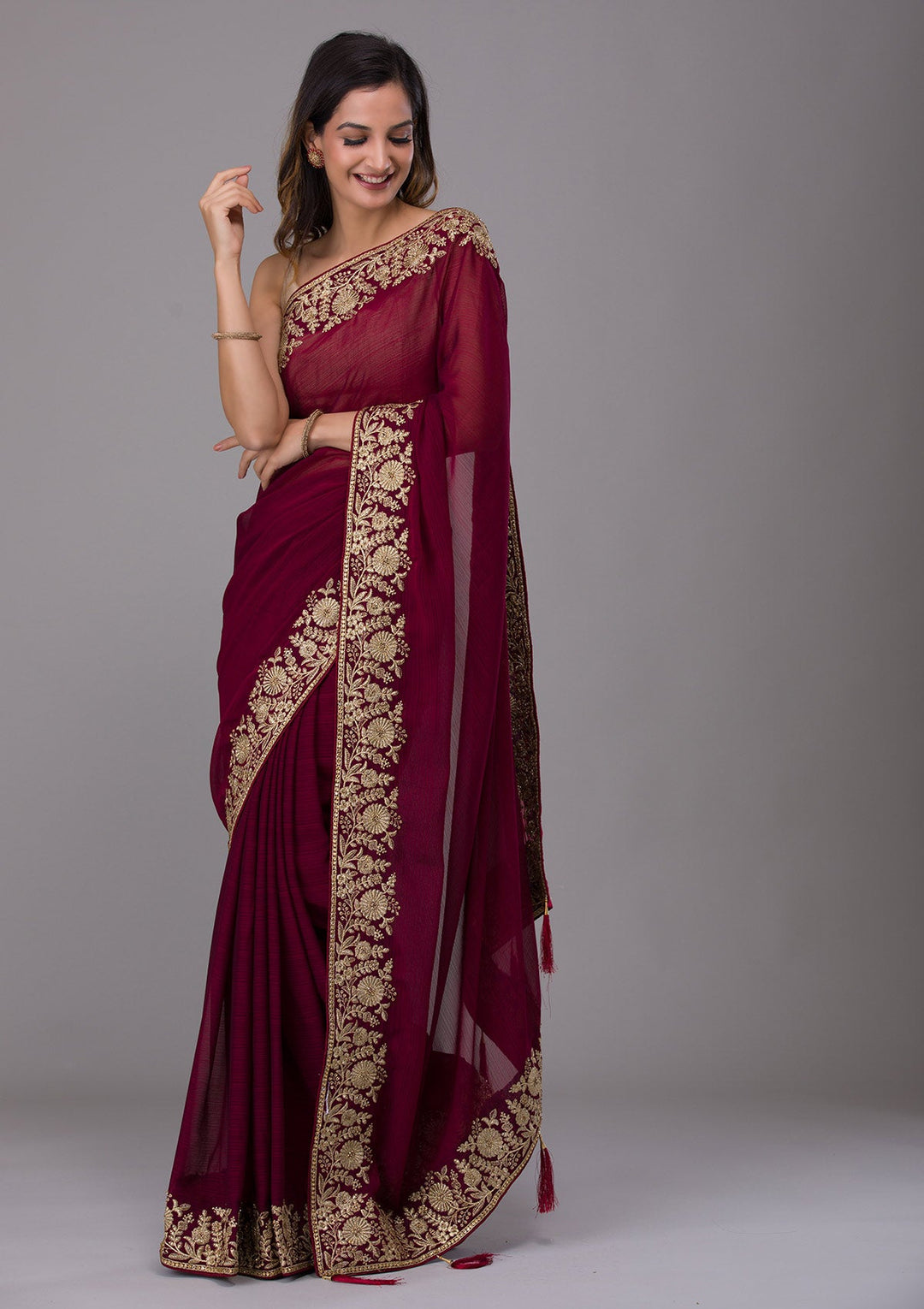Maroon Zariwork Raw Silk Saree-Koskii