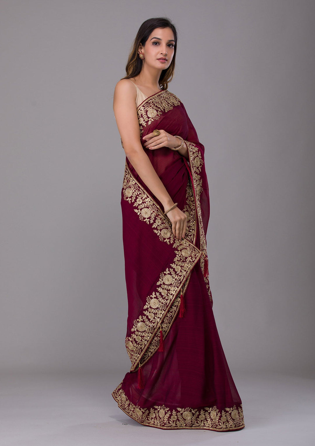 Maroon Zariwork Raw Silk Saree-Koskii