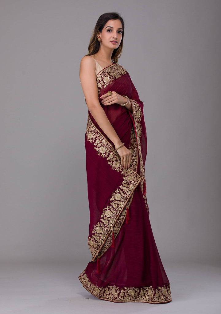 Maroon Zariwork Raw Silk Saree-Koskii