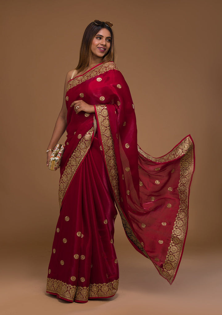 Maroon Zariwork Raw Silk Saree-Koskii