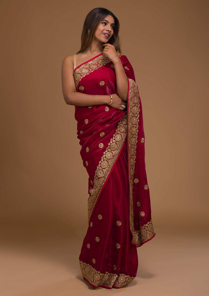 Maroon Zariwork Raw Silk Saree-Koskii