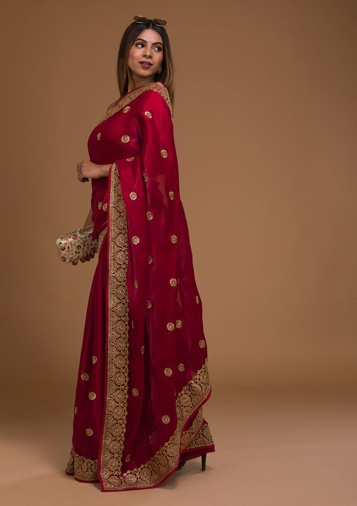 Maroon Zariwork Raw Silk Saree-Koskii