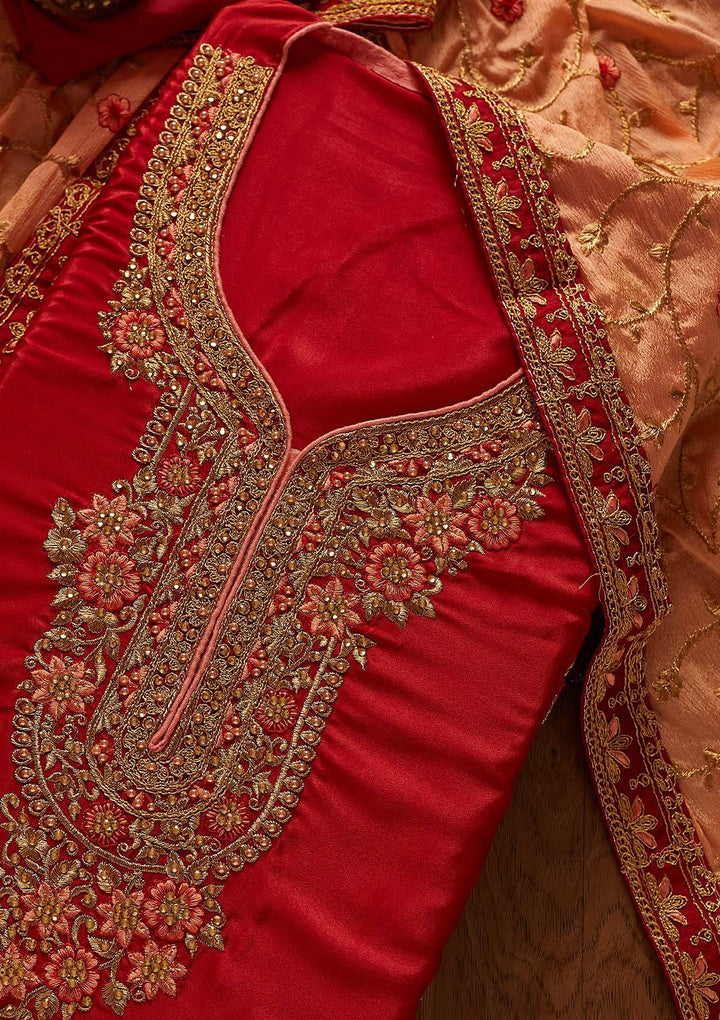 Maroon Zariwork Semi Crepe Designer Semi-Stitched Salwar Suit - koskii