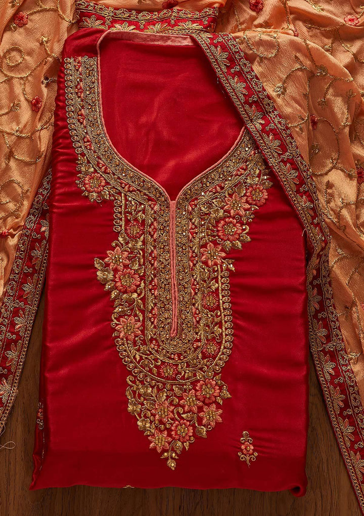 Maroon Zariwork Semi Crepe Designer Semi-Stitched Salwar Suit - koskii