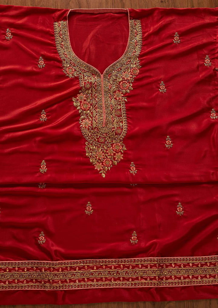 Maroon Zariwork Semi Crepe Designer Semi-Stitched Salwar Suit - koskii