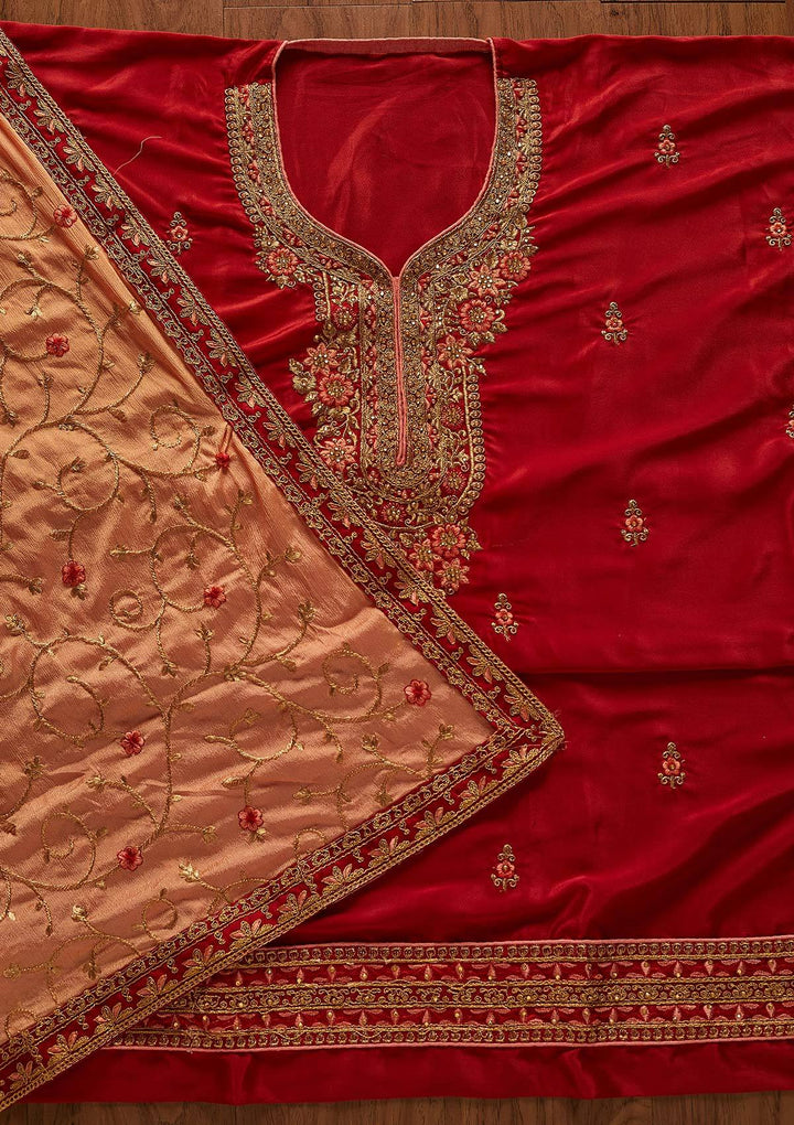 Maroon Zariwork Semi Crepe Designer Semi-Stitched Salwar Suit - koskii