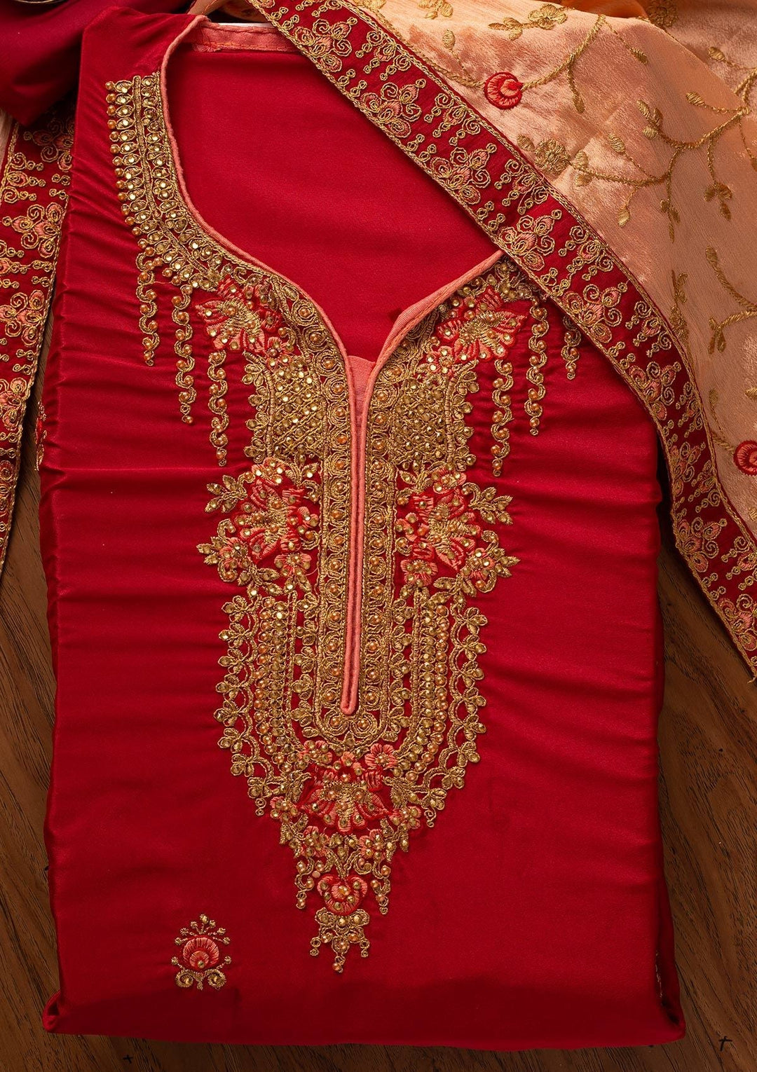 Maroon Zariwork Semi Crepe Designer Unstitched Salwar Suit - koskii