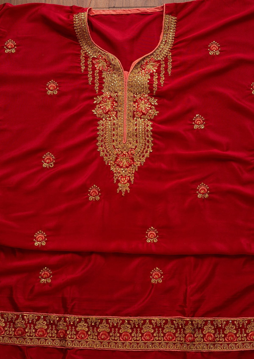 Maroon Zariwork Semi Crepe Designer Unstitched Salwar Suit - koskii