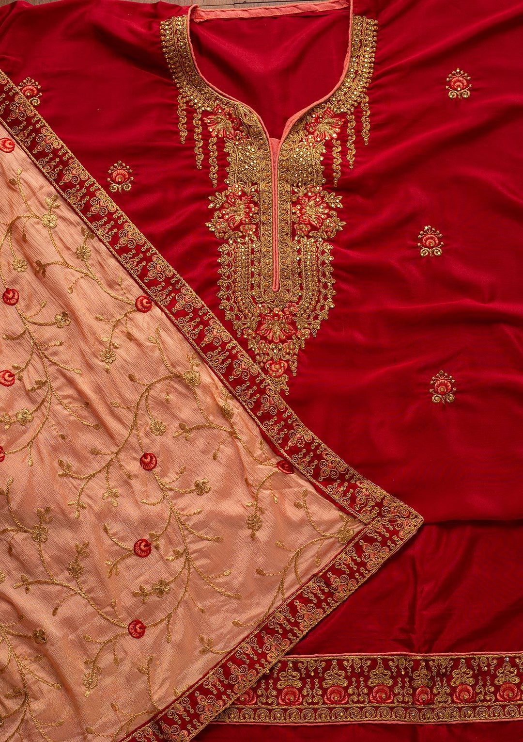 Maroon Zariwork Semi Crepe Designer Unstitched Salwar Suit - koskii