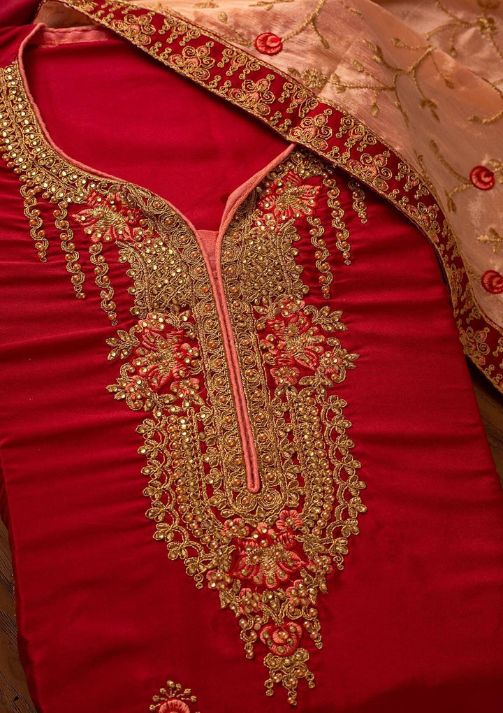 Maroon Zariwork Semi Crepe Designer Unstitched Salwar Suit - koskii