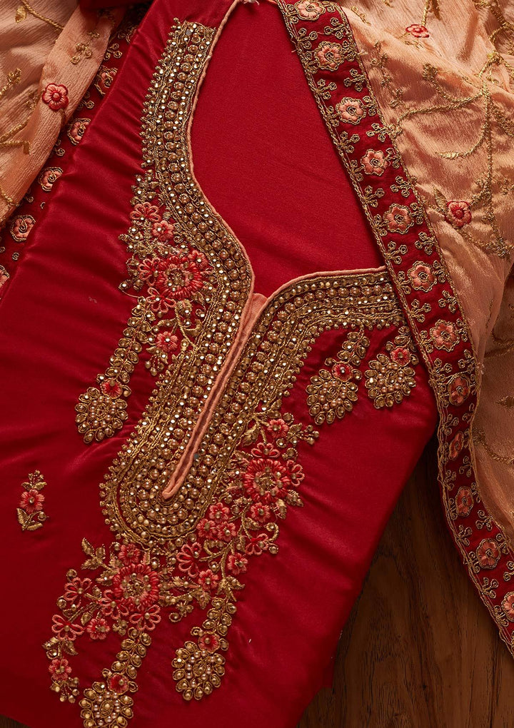 Maroon Zariwork Semi Crepe Designer Semi-Stitched Salwar Suit - koskii