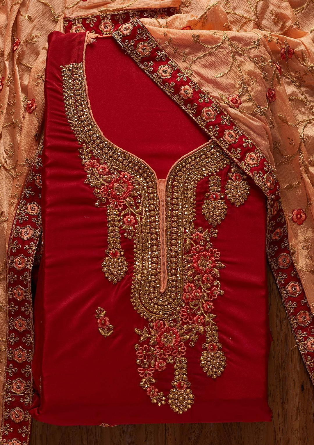 Maroon Zariwork Semi Crepe Designer Semi-Stitched Salwar Suit - koskii