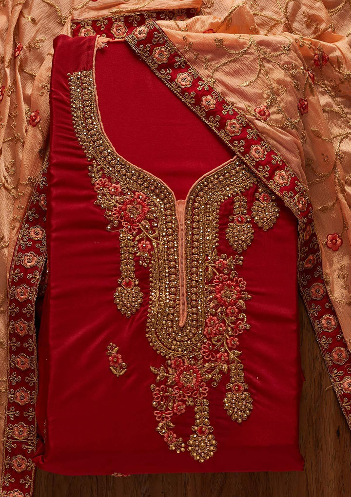 Maroon Zariwork Semi Crepe Designer Semi-Stitched Salwar Suit - koskii