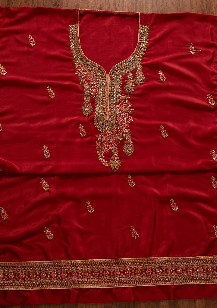 Maroon Zariwork Semi Crepe Designer Semi-Stitched Salwar Suit - koskii
