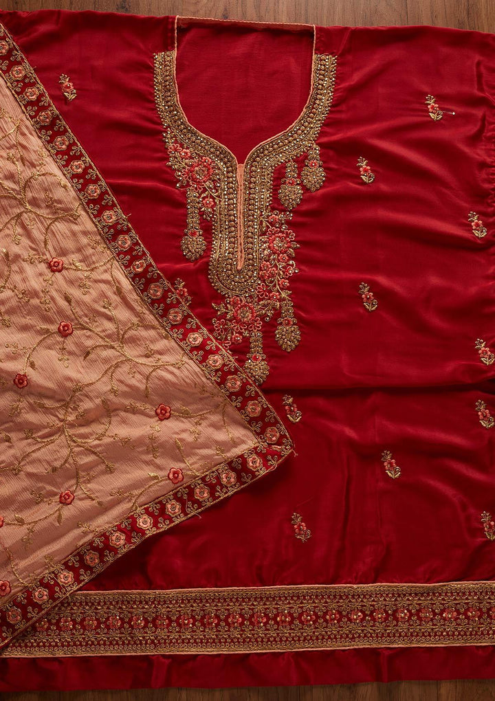 Maroon Zariwork Semi Crepe Designer Semi-Stitched Salwar Suit - koskii