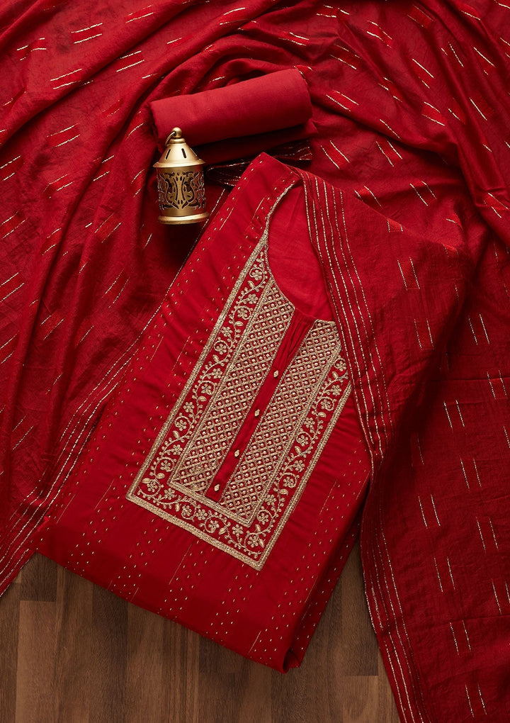 Maroon Zariwork Semi Crepe Designer Semi-Stitched Salwar Suit - Koskii