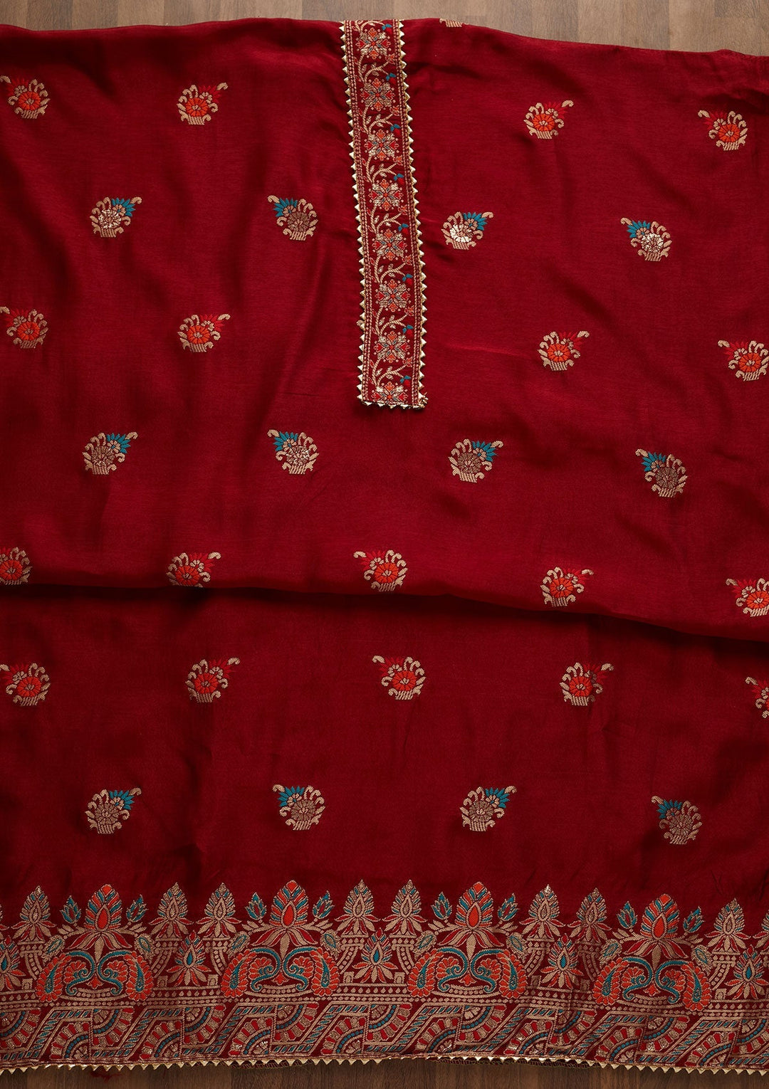 Maroon Zariwork Semi Crepe Semi-Stitched Salwar Suit-Koskii