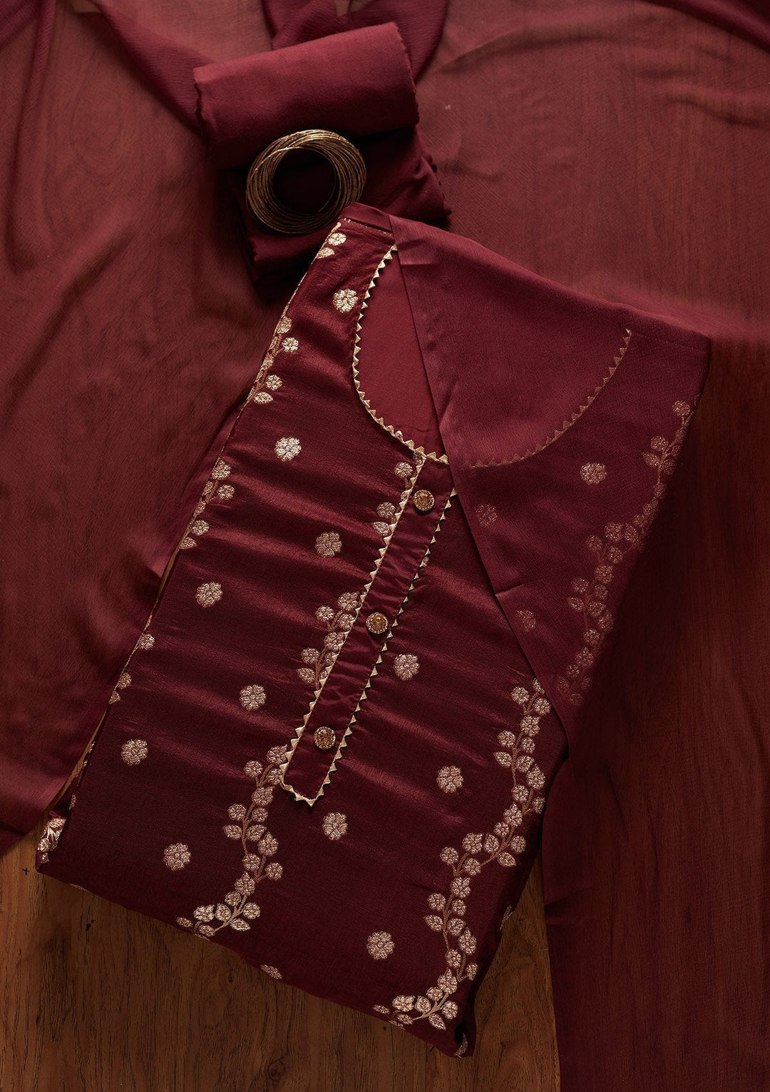 Maroon Zariwork Semi Crepe Designer Unstitched Salwar Suit - koskii