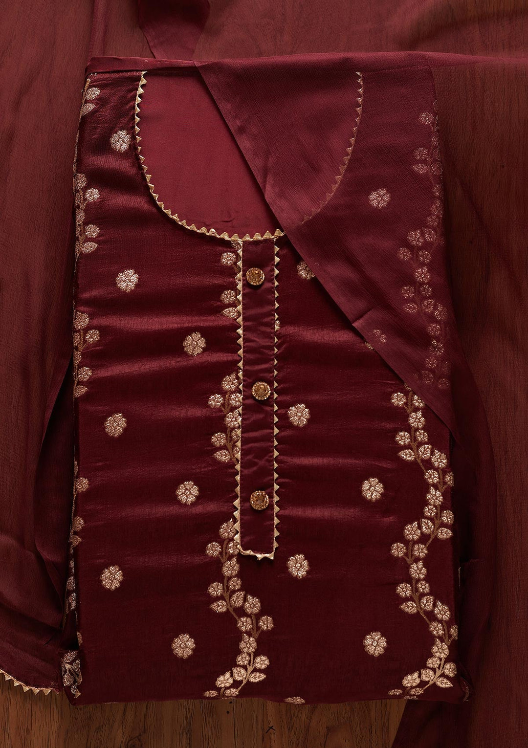 Maroon Zariwork Semi Crepe Designer Unstitched Salwar Suit - koskii