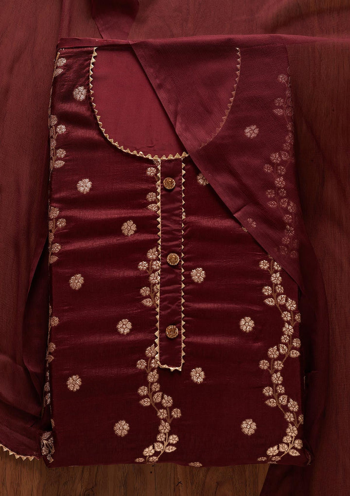 Maroon Zariwork Semi Crepe Designer Unstitched Salwar Suit - koskii