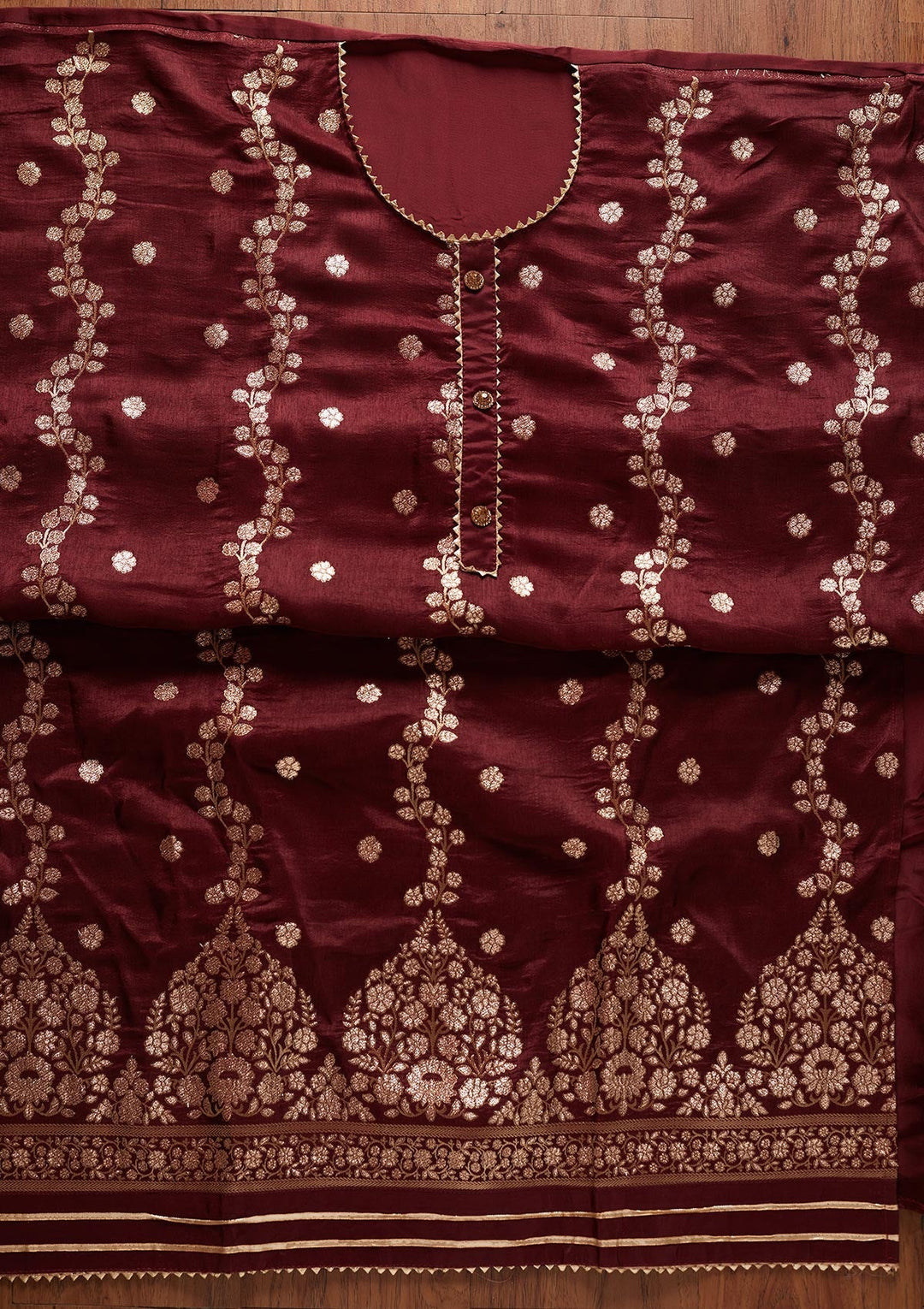 Maroon Zariwork Semi Crepe Designer Unstitched Salwar Suit - koskii