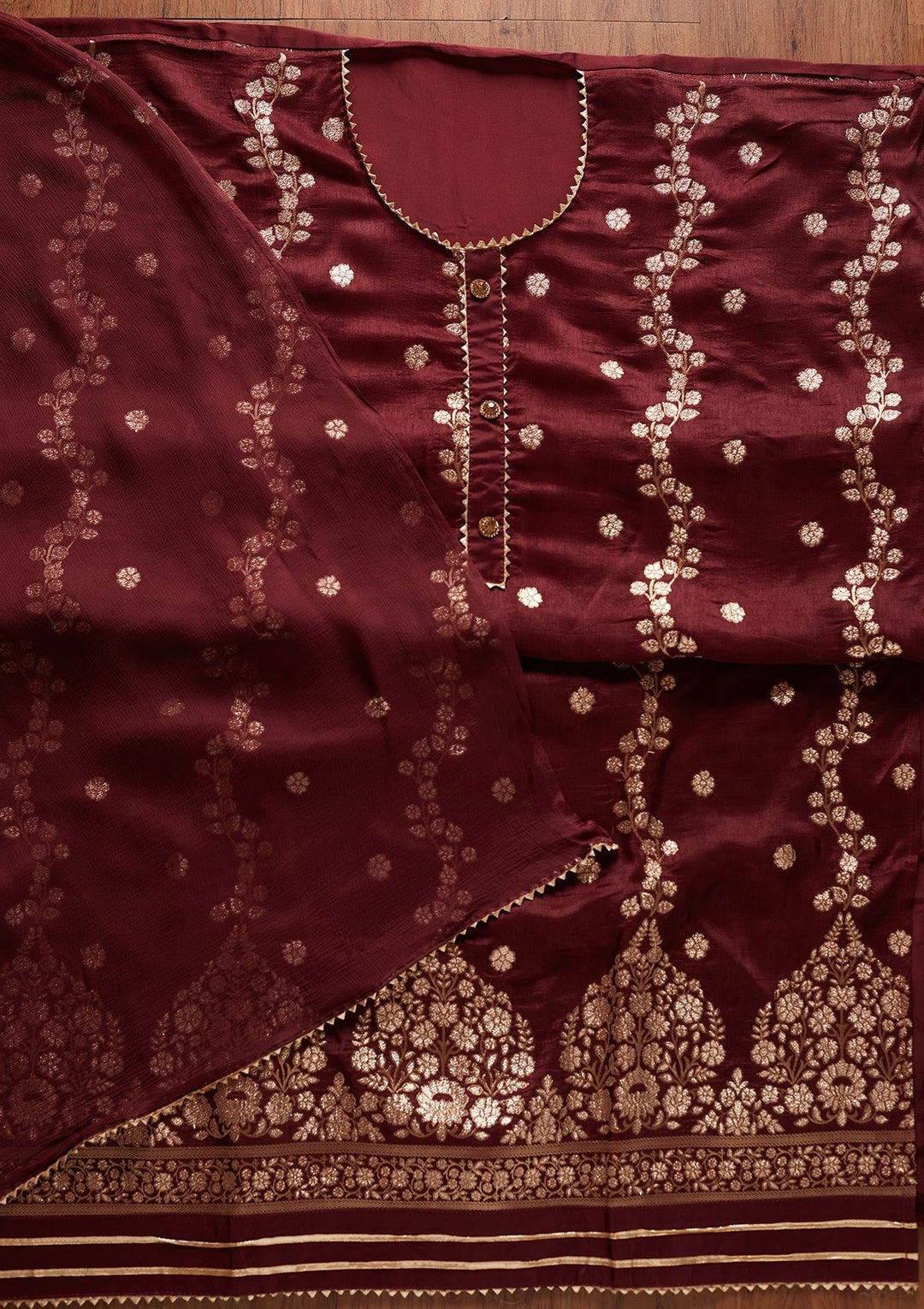 Maroon Zariwork Semi Crepe Designer Unstitched Salwar Suit - koskii