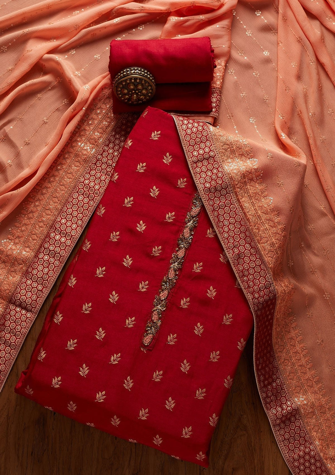 Maroon Zariwork Semi Crepe Designer Unstitched Salwar Suit - koskii