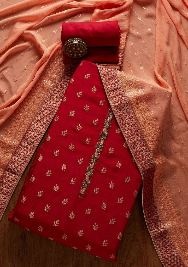 Maroon Zariwork Semi Crepe Designer Unstitched Salwar Suit - koskii
