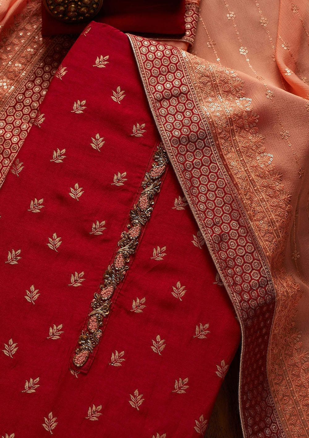 Maroon Zariwork Semi Crepe Designer Unstitched Salwar Suit - koskii