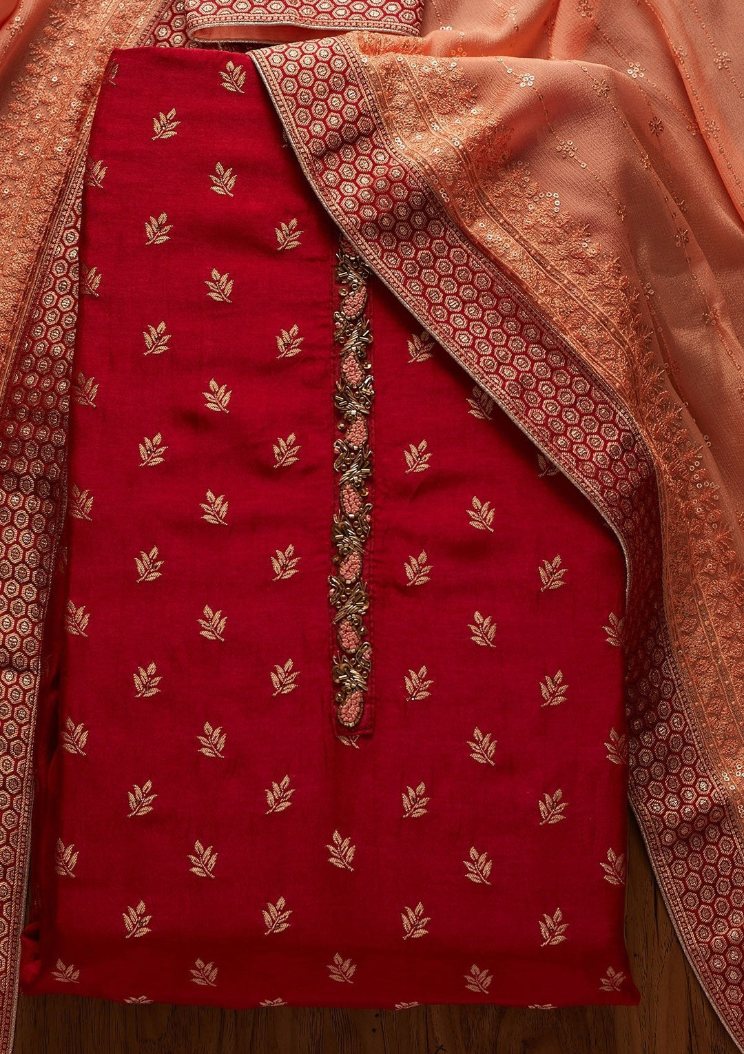 Maroon Zariwork Semi Crepe Designer Unstitched Salwar Suit - koskii