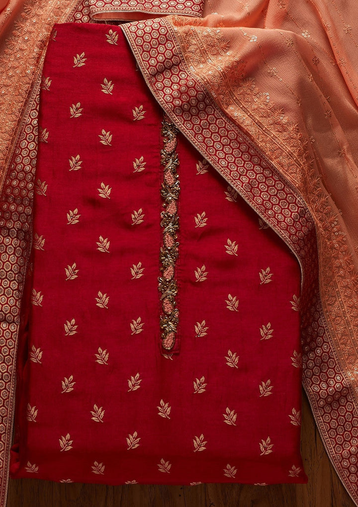 Maroon Zariwork Semi Crepe Designer Unstitched Salwar Suit - koskii