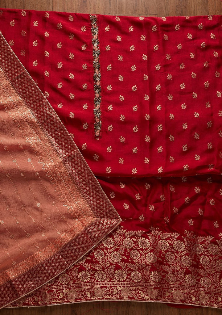Maroon Zariwork Semi Crepe Designer Unstitched Salwar Suit - koskii