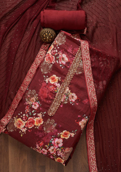 Maroon Zariwork Semi Crepe Unstitched Salwar Suit- Koskii