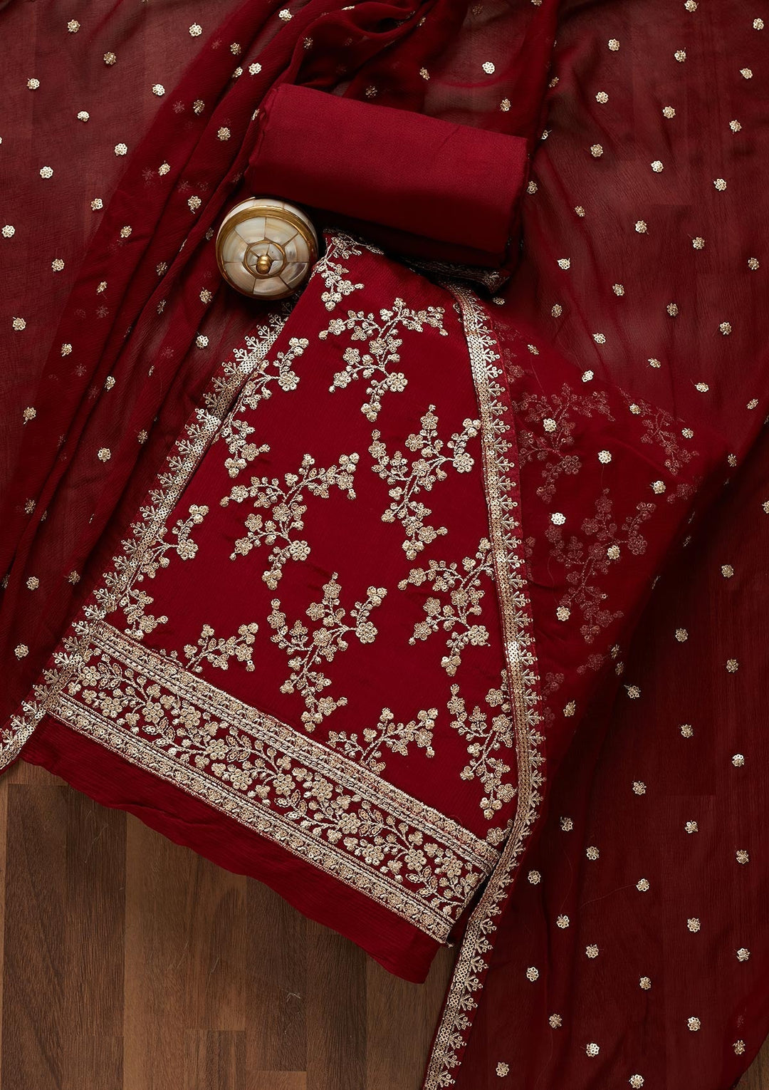 Maroon Zariwork Semi Crepe Unstitched Salwar Suit-Koskii