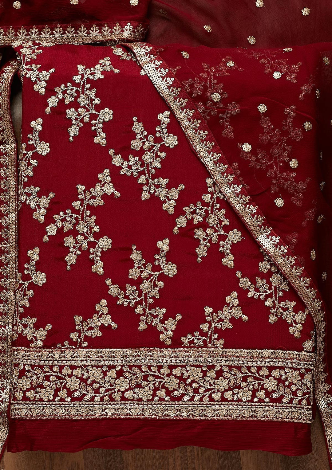 Maroon Zariwork Semi Crepe Unstitched Salwar Suit-Koskii