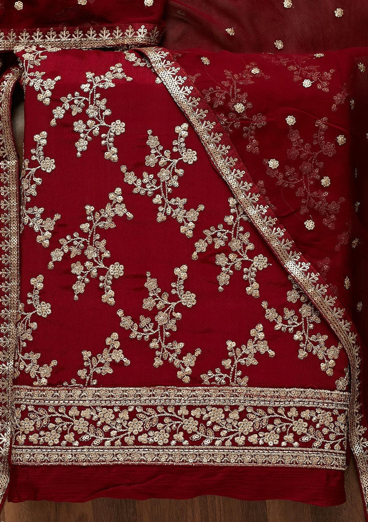 Maroon Zariwork Semi Crepe Unstitched Salwar Suit-Koskii