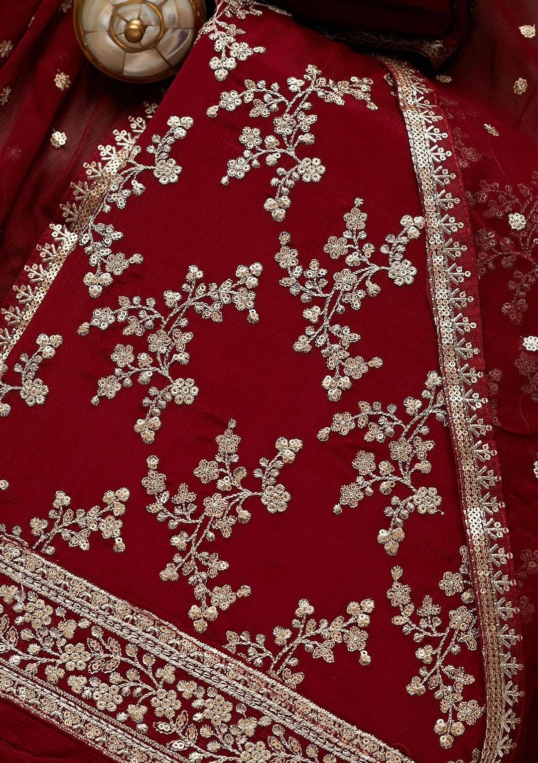 Maroon Zariwork Semi Crepe Unstitched Salwar Suit-Koskii