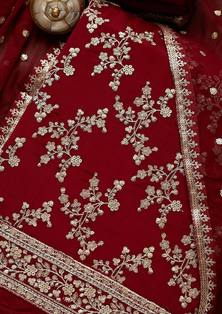 Maroon Zariwork Semi Crepe Unstitched Salwar Suit-Koskii