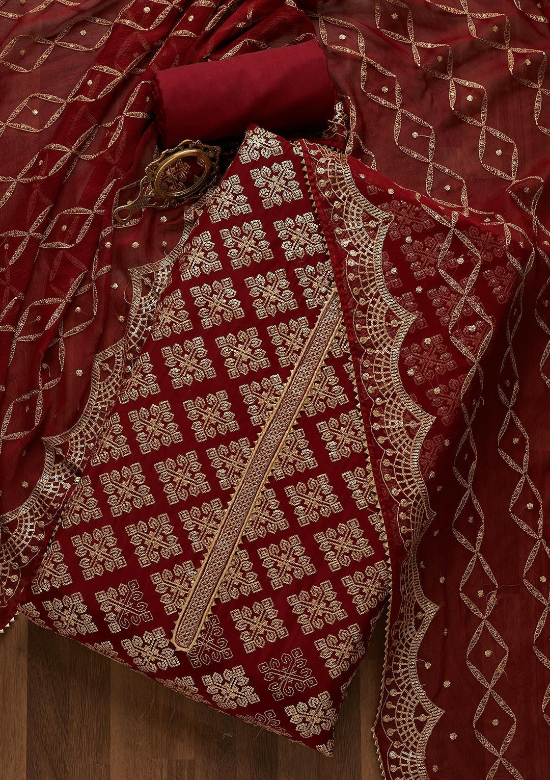 Maroon Zariwork Semi Crepe Unstitched Salwar Suit-Koskii
