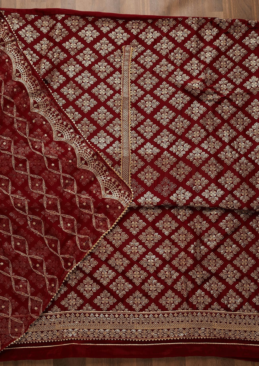 Maroon Zariwork Semi Crepe Unstitched Salwar Suit-Koskii