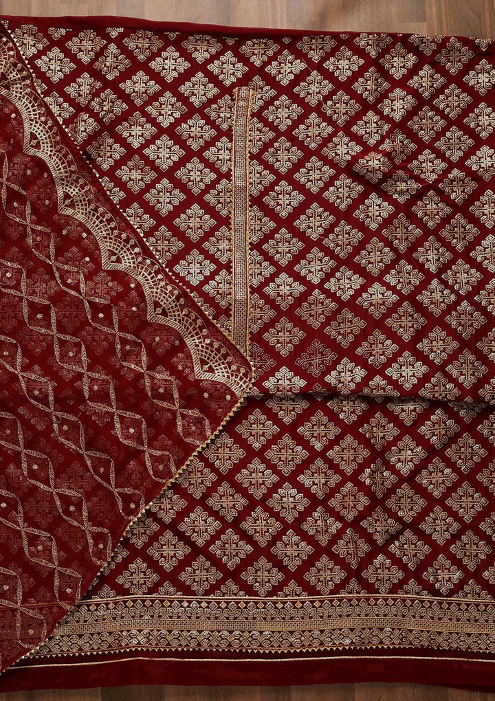 Maroon Zariwork Semi Crepe Unstitched Salwar Suit-Koskii