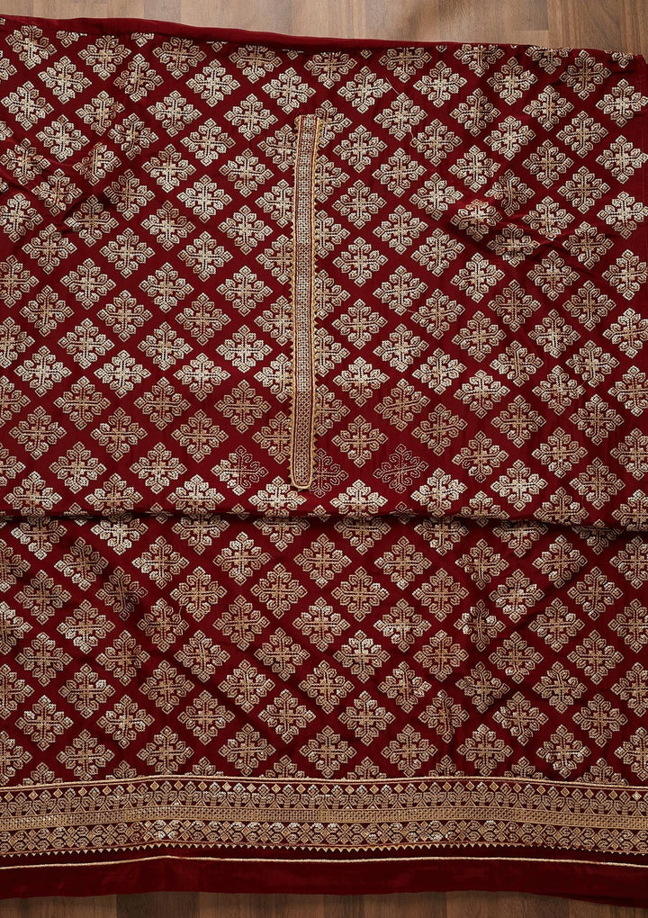 Maroon Zariwork Semi Crepe Unstitched Salwar Suit-Koskii