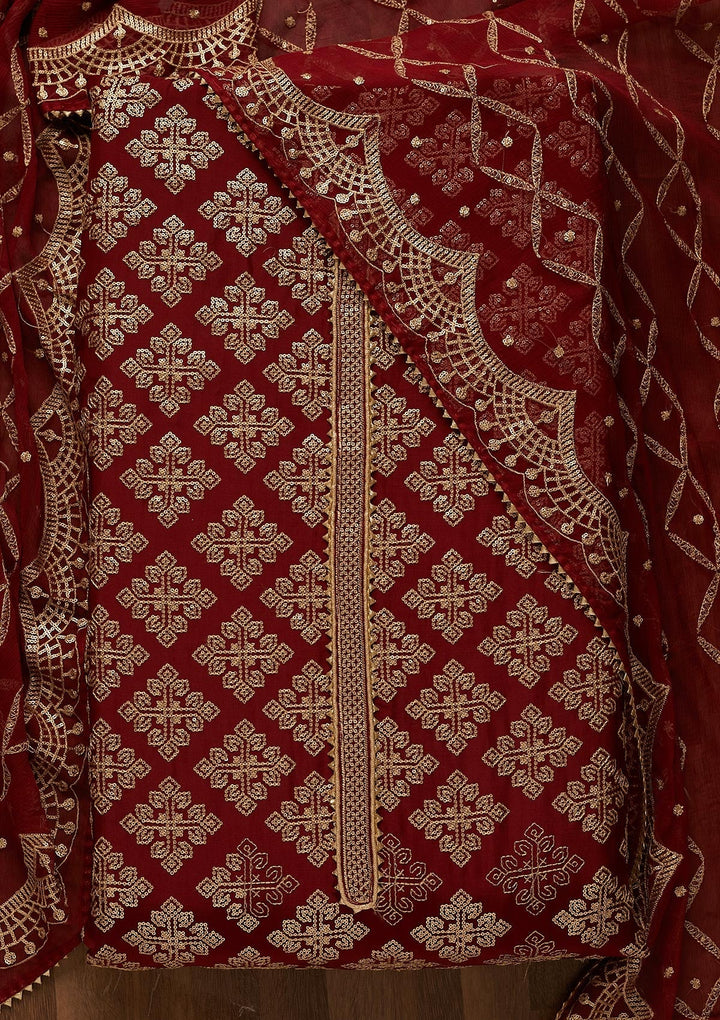 Maroon Zariwork Semi Crepe Unstitched Salwar Suit-Koskii