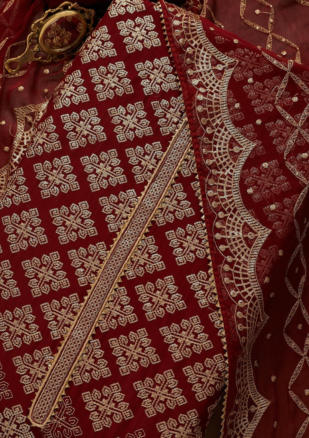 Maroon Zariwork Semi Crepe Unstitched Salwar Suit-Koskii