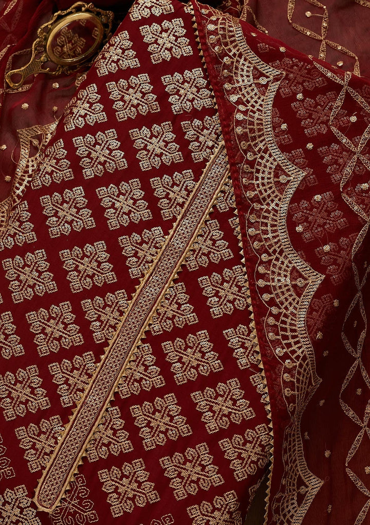 Maroon Zariwork Semi Crepe Unstitched Salwar Suit-Koskii