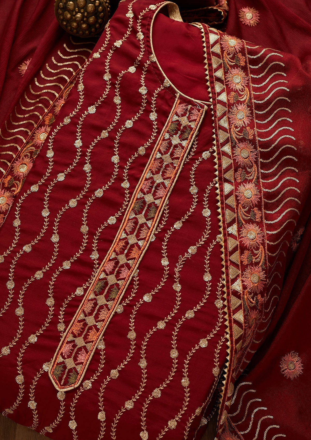 Maroon Zariwork Semi Crepe Unstitched Salwar Suit-Koskii